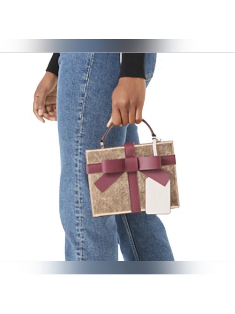 kate spade Wrapping Party Metallic Gold Mini Box Bag with Burgundy Bow NWT - Picture 3 of 14